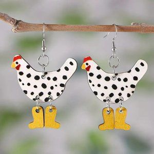 Chicken Earrings with Boots Wood Dangle Hen Whimsical Ornament Farm Country NEW